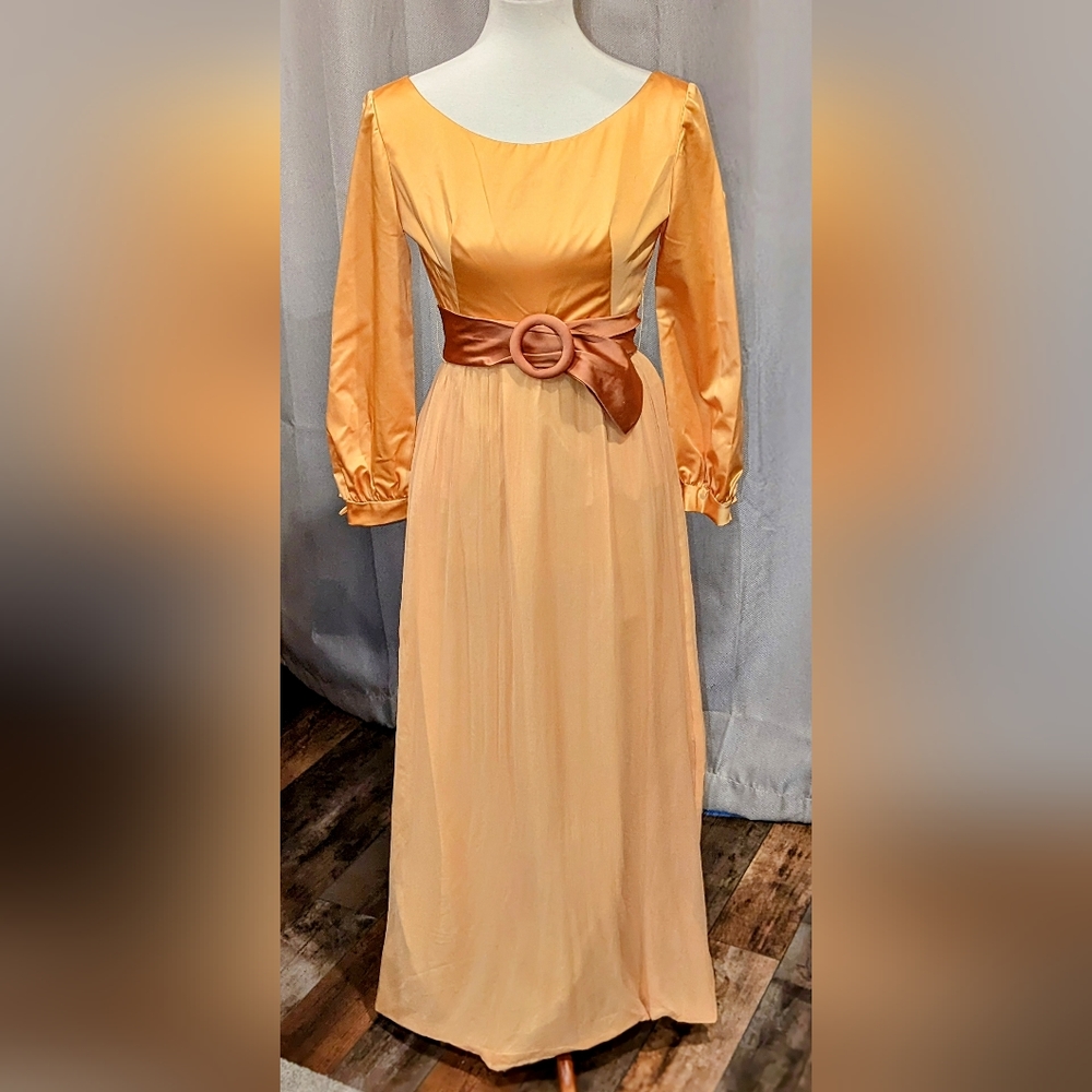 VNTG 60's Lorrie Deb long sleeve multi yellow toned dress with satin belt sz 9